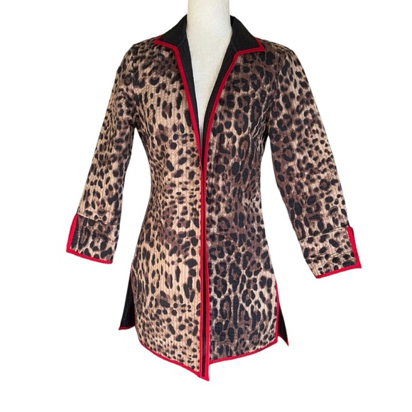 PATTY KIM Jackets & Blazers - PATTY KIM Leopard Print Quilted Open Front Red Trimmed Jacket Coat - XS